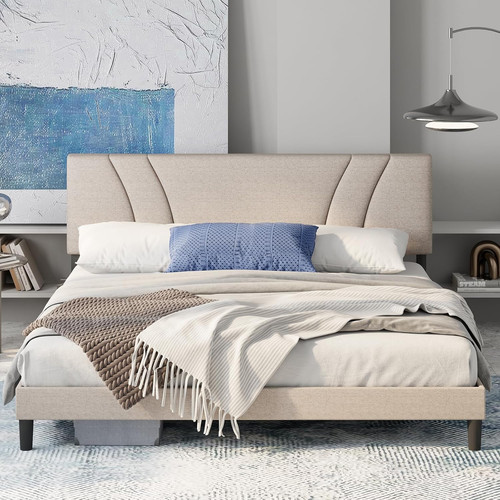 Beige upholstered queen bed - upholstered,